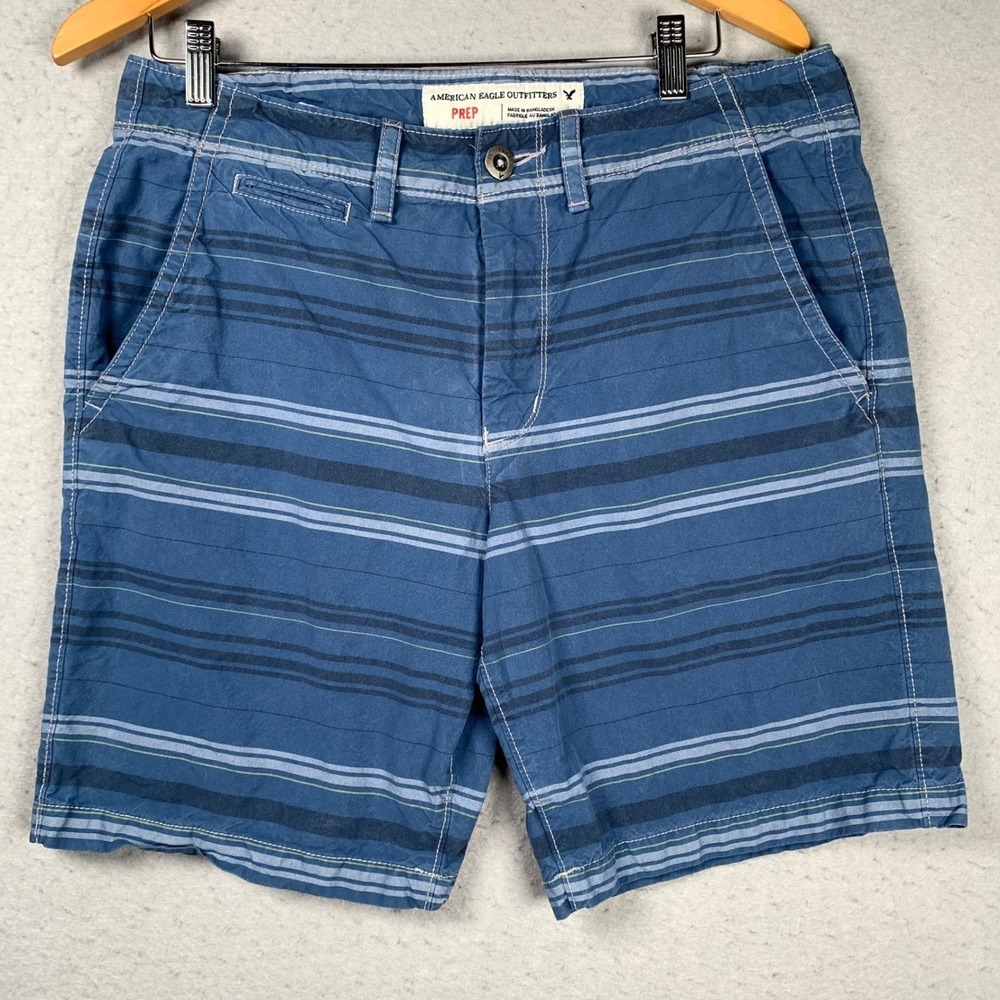 American Eagle Prep Shorts Mens 33 Blue Striped Casual Coastal Beach Y2K